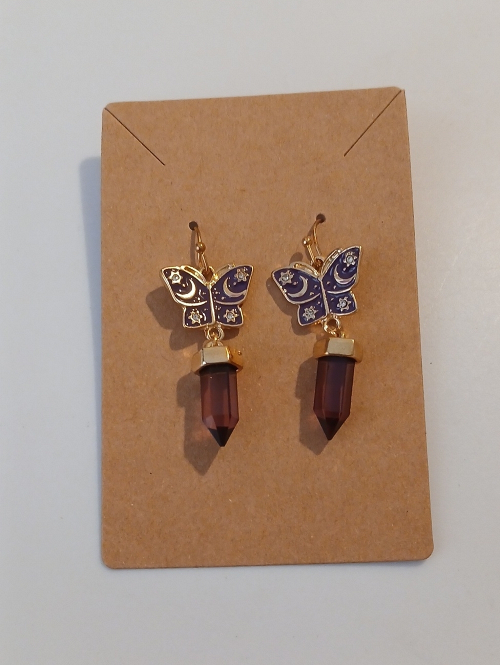 Fashion Jewelry Gold Butterfly Earrings with Purple Accents and Amethyst Drops